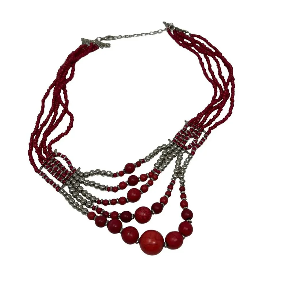 Cleopatra Choker Red‎ Silver Tone Beaded Statement Necklace